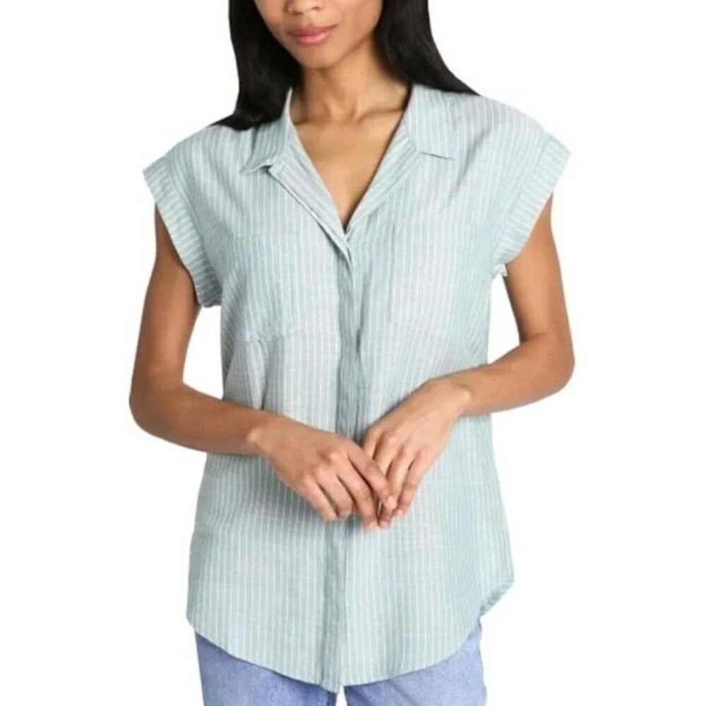 NWT Jachs Girlfriend Women's L Green Striped Sleeveless Button Front C1017